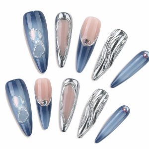 Long-Length Stilleto-Shaped Blue Gradual Change Irregular Sliver Liquid Metal French Tip Nail Art Set