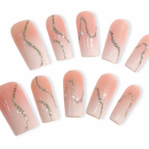 10pcs Handmade Coffin-Shaped False Nails In NUDE Design With SELVER Line Trendy Style