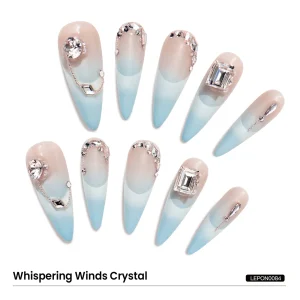 Long Stiletto Shaped Glitter Swarovski Crystals Decor Blue And Nude Color French Tip Fake Nail Long