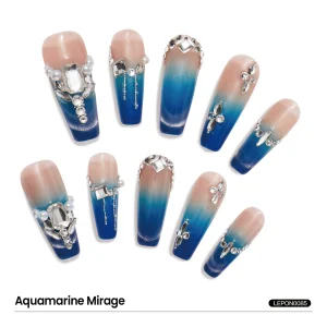 Luxury Slaon Nails Long Coffin-Shaped Glossy Blue Cat Eye Fine Flash Nail Design Swarovski Crystals Decor Handmade Press On Nails