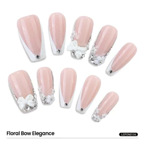 Coffin Press On Nails White French Tips 3D Bow Flower Pearl Nail Art Set Handmade