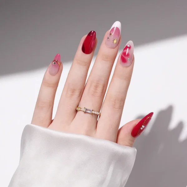 Medium Almond-Shaped Gradient Pink Fine Flash Nail Design French Tips Nail Art Set Handmade Press On Nail - Image 3