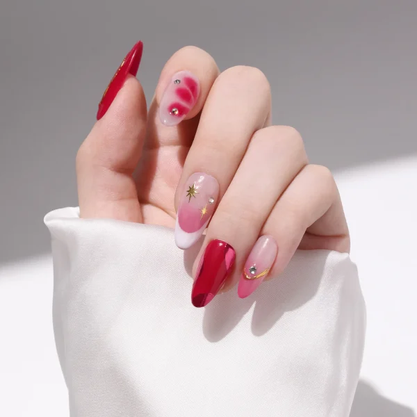 Medium Almond-Shaped Gradient Pink Fine Flash Nail Design French Tips Nail Art Set Handmade Press On Nail - Image 2