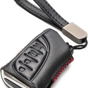 Black/Red Vitodeco Genuine Leather Smart Key Fob Case with Leather Key Strap Suitable for 2018-2021 Lexus is 350, LS 500, LS 500H, UX 200, UX 250H, LC 500, LC 500H, ES 350, ES 300H (4-Button)
