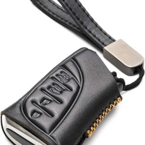 Black Vitodeco Genuine Leather Smart Key Fob Case with Leather Key Strap Suitable for 2018-2021 Lexus is 350, LS 500, LS 500H, UX 200, UX 250H, LC 500, LC 500H, ES 350, ES 300H (4-Button)